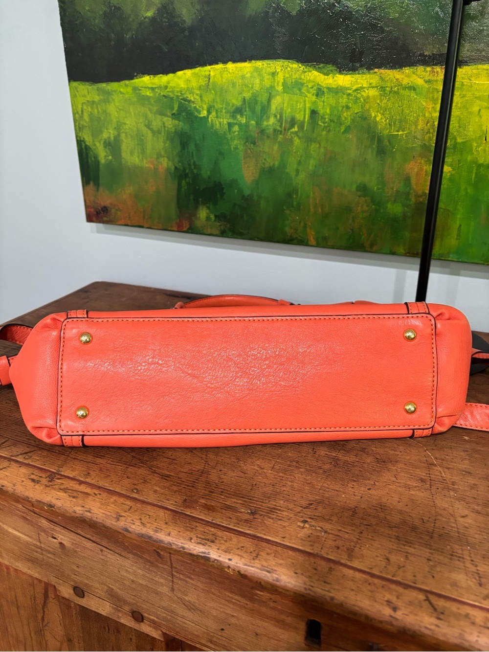 Vintage MCM Coral-Orange Leather Shoulder Satchel with Gold Hardware - Picture 13 of 16
